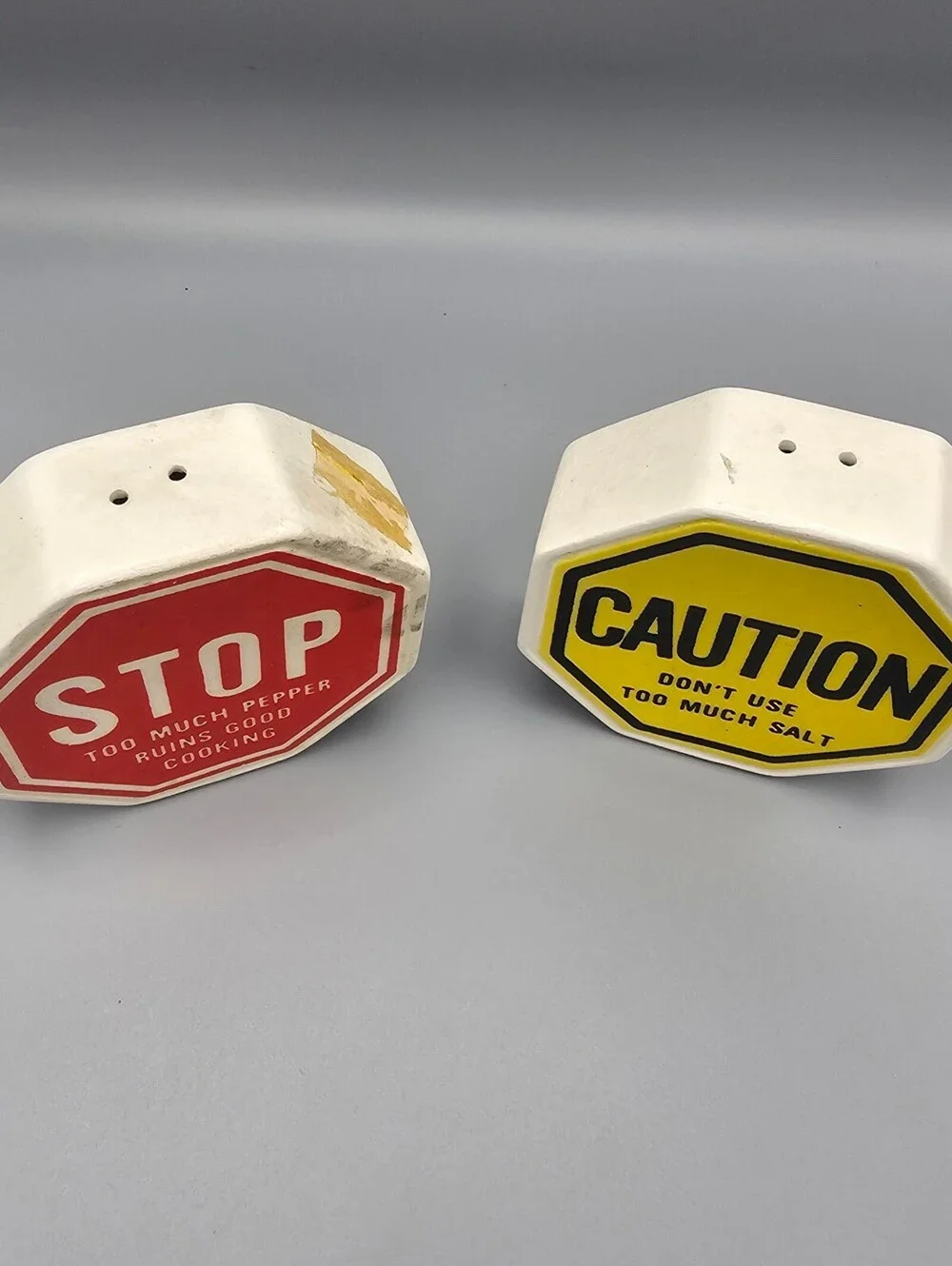Vintage Stop and Caution Octagonal Salt and Pepper Shakers